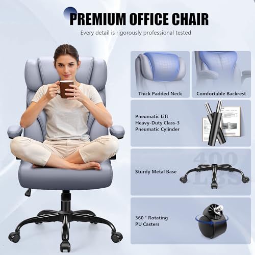 Image of Primy Office Chair, Ergonomic Leather Desk Chair with Flip-up Armrests, Big and Tall High Back Executive Computer & Gaming Chair with Footrest, Comfy Padded, Rocking Function and Lumbar Support(Gray)