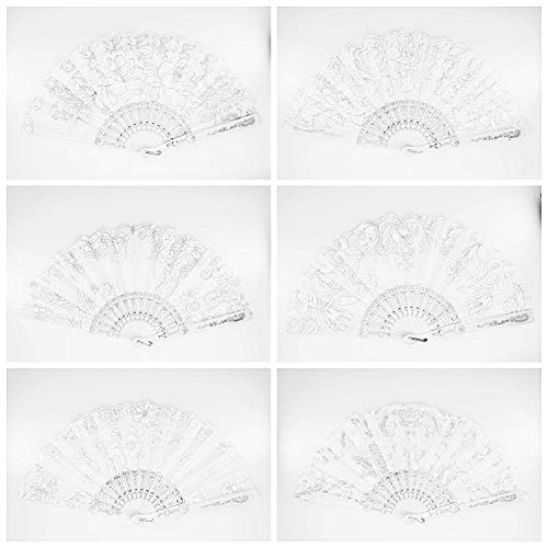 12 Pc Mix Spanish Style White And Silver Glitter Floral Pattern Folding Fan For Wedding Party Decor/Sweet 15 Favors/Dancing Hand Fan/Table Setting/Wall Decoration/Out Door Wedding/Wedding Gift #TOP4