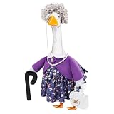 GJL Old Lady Porch Goose Outfits, Spring Summer Grandma Goose Clothes with Wig Glasses Pearl Necklace, Fits 23 Inch Cement Plastic Goose Statue for Outdoor Yard Garden Decor