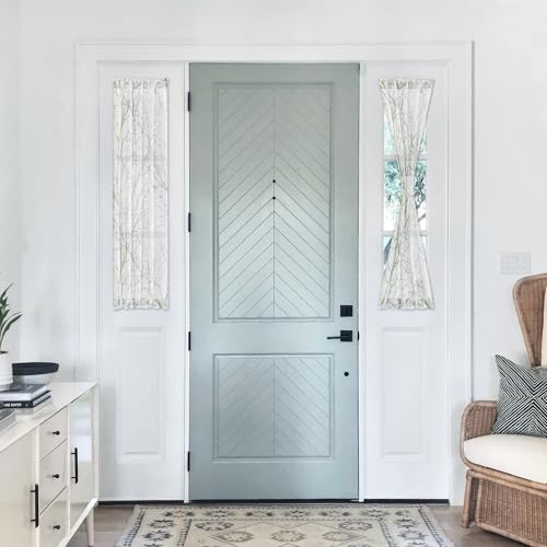 Image of FMFUNCTEX Sheer Sidelight French Door Curtains 40 Inches White, Grey and Sage Green Branch Tree Print Half French Door Panels for Front Doors Semi-Sheer 24 Inches Wide 2 Panels Set