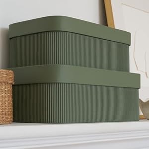 Decorative Storage Boxes with Lids – Set of 2 Beautiful Fluted Cardboard Organizer Bins for Your Home Bookshelf Decor to Safely Store Your Documents, Memory Box Items and Other Keepsakes in Style