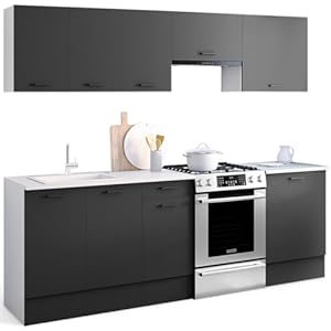 IDMarket – Complete keuken 240 cm SUBTIL met werkblad 7 elementen wit en grijs