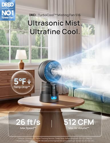 Image of DREO TurboCool Misting Fan 516, 5℉ Drop Cooling Fans that Blow Cold Air, 150+30 Omni-directional Oscillating, Evaporative air cooler, 26 ft /s Wind, Ultrafine Mist, 20dB Quiet, 6 Speeds 2 Modes, Grey
