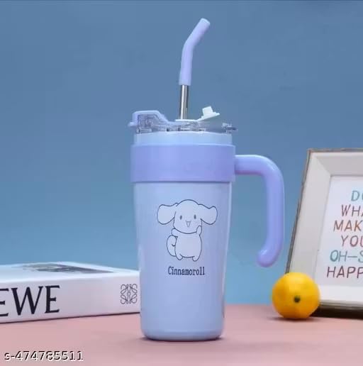 Image of Cute Cartoon Straw Tumbler 860ml with Handle | Doublewall-Reusable Sipper Cup with Lid for Kids & Teens | Lightweight Drinking Mug for Water, Juice & Milk (Blue)