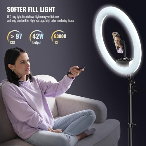 Ring Light with Stand, 19in LED Selfie Circle Light, Max 8ft/2.5m Tripod Stand, 3 Holders for iPhone, Remote Control, 6300K Color Temperature for Live Streaming, Barber, Makeup, YouTube, Tiktok by SH - Image 5
