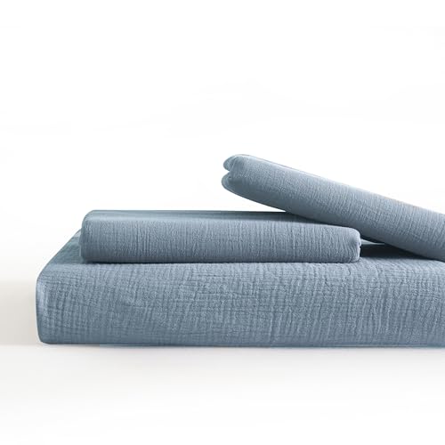 SE SOFTEXLY Muslin Duvet Cover Queen Size, 100% Washed Cotton Duvet Cover Set, Ultra Soft Comforter Cover Linen Like, 3 Pieces Minimalist Gauze Duvet Cover with 2 Pillowcases, 90"x90", Blue