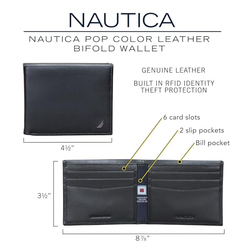 Image of Nautica Men's Bifold Leather Wallet | RFID Blocking | ID Window | Card Slots | Organization | Durable | Stylish