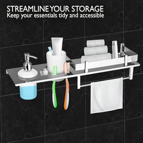 Image of Zureni 4-in-1 Shelf Rack for Bathroom 304 Grade Stainless Steel Multipurpose Towel Hanger Liquid Dispenser Toothbrush Holder Wall Mount Accessories Storage Stand Home Washroom (1 Pc, 18 inchx5 inch, 1010)