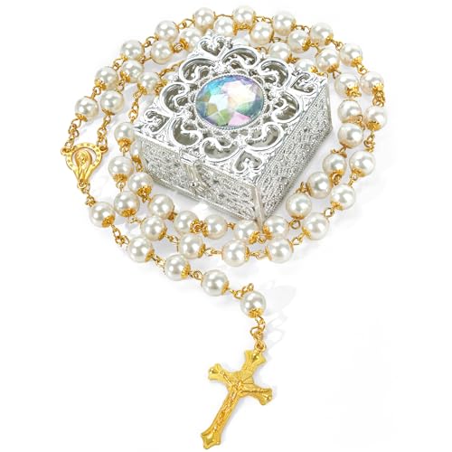 8mm Rosary Beads Necklace, Rosary Beads Catholic for Men and Women Comes in a Metal Gift Box, First Communion Rosary Necklace as Gifts(Gold)