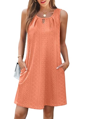 Image of RUMIA Swimsuit Coverup for Women Summer Sleeveless Beach Dress | Crew Neck, Pockets, Eyelet, Boho, Above knee Length, A-Line. Everyday wear, Sundresses, Cruise Wear, Vacation essential