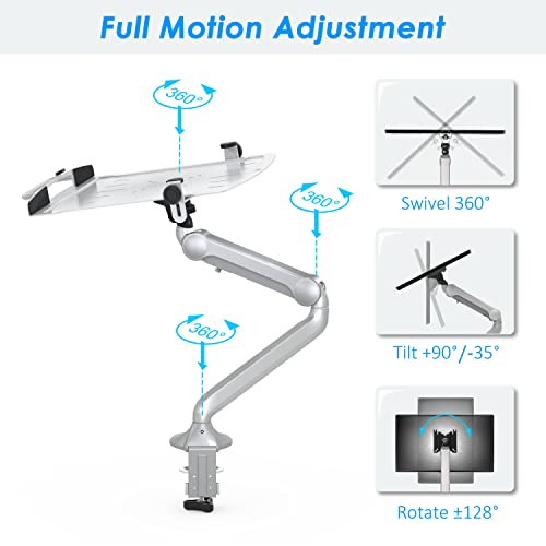 Aluminum 2 In 1 Function Monitor Arm Laptop Mount, Height Adjustable Laptop Desk Mount Stand With Single Gas Spring Arm For 11-15.6 Inch Notebook And Up To 32 Inch Lcd Computer Screen - Silver #TOP1