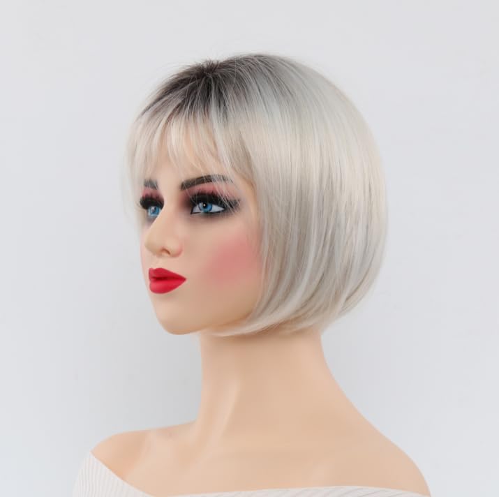 Image of Short for white Blonde Bob Wig with Bangs for Women & Men - Ombre Blonde to Dark Roots Layered Straight Synthetic Hair Wig with Natural Chin Length, Rose Net for Daily & Party Use (Silver)