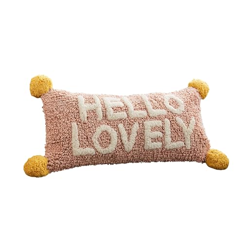 KENSINGTONS LUXURY BEDDING Tufted “Hello Lovely” Cushion with Pom Poms – Pink Decorative Rectangle Throw Pillow for Sofa, Bed & Home Decor – Polyester Filled Embroidered Cushion – 30x50cm (Pack of 1)