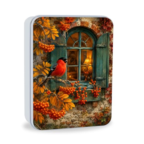Image of Decorative Metal Tin Box with Lid,Red Cardinal Autumn Organizer