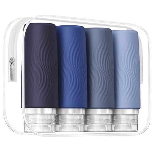 Travel Bottles for Toiletries, TSA -Approved 3oz Portable Bottles, BPA-Free Leak Proof Squeezable Silicone Size Containers, Travel Accessories with Clear Toiletry Bag (4 Pack)