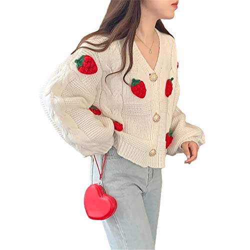 Womens Kawaii Strawberry Knit Cropped Sweater Cute Cardigan Aesthetic for Teen Girls Floral Y2k Korean School Uniform Jacket4