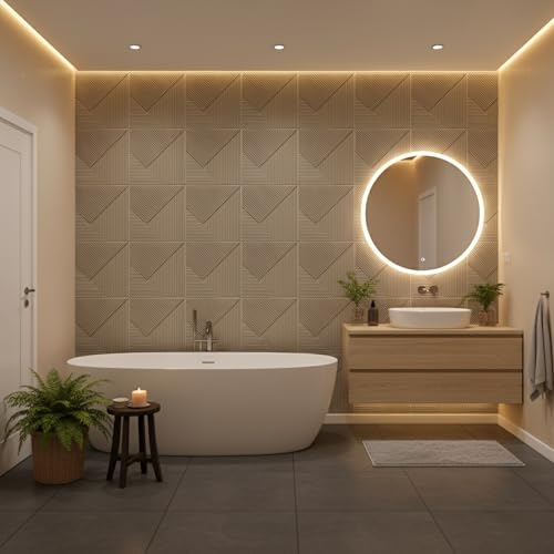Image of Kayra Decor Wall Panels for Bedroom - PVC Fluted Design, Mega Graige Color 19.7 inch x 19.7 inch (Pack of 18) - Covers 48.51 Sq. Ft.