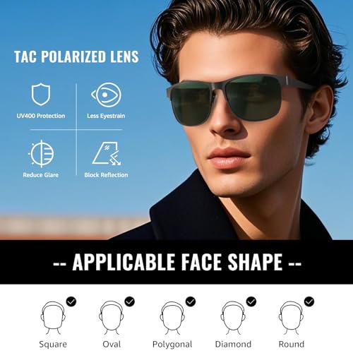 Myiaur Polarized Sunglasses for Men - Square Metal Sun Glasses UV400 Protection for Driving Fishing Golf (2 Pack)3