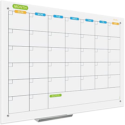 JILoffice Magnetic Glass Calendar Whiteboard 48 x 36 Inch, Glass Dry Erase Board, Wall Mounted Frameless with Marker Tray for Office, Home and School Cover