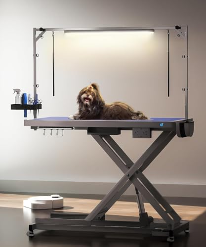 POLIMO LED Professional Electric Dog Grooming Table - 50" Heavy Duty Dog Grooming Station with LED, Button & Foot Control, Grooming Arm, Leveling Wheels, Anti-Slip Top & Tool Organizer (50", White)