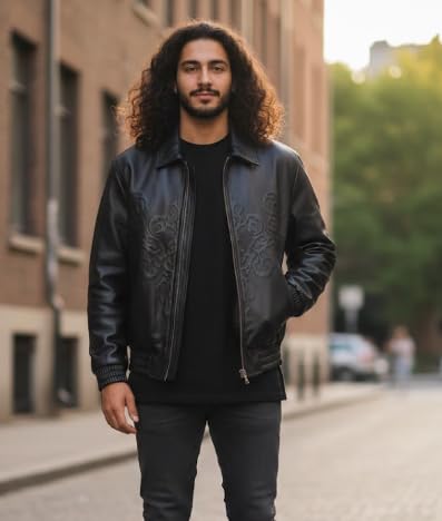 Image of Stygian Emboss Jacket, Black Leather, Embossed Design, Zip Front with Studded Cuffs