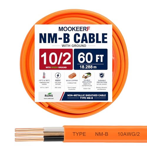 Image of 10 /2 Wire with Ground - 60FT 10 Gauge NM-B Non-Metallic Sheathed Cable 100% Pure Copper 10 AWG 2 Conductor Residential Indoor Wire for Outlets, Switches, Other Loads and Lighting Wiring Projects etc.