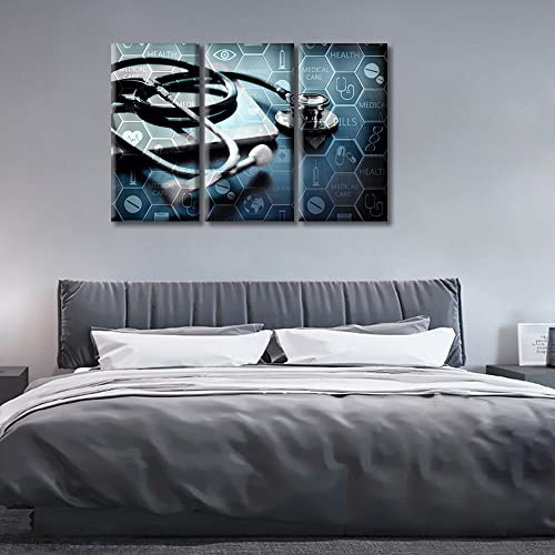 Image of TUMOVO 3 Panel Poster Medical Network Black and White Wall Art Medicine Concept with Modern Laptop Pictures Wall Decor for Living Room Medical Wall Decor for Bedroom Framed Ready to Hang (36 inch Wx24 H)