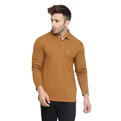 Image of CHKOKKO Cotton Polo Neck Full Sleeves Plain T Shirt for Men with Pocket Brown L