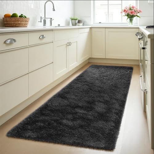 Zentavio Runner Rugs for Hallway 2x6 Shag Soft Bedroom Bedside Rugs Non Slip Fluffy Carpet for Kids Girls Boys Home Decor Aesthetic Dorm Nursery Black