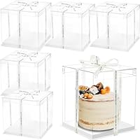 NROZIET 6 Pack Clear Cake Box, 2-Layer Transparent Cakes Box with Ribbon, 10\" X 10\" X 9\" Tall Cake Carrier Boxes with Sturdy Board for Bakery Dessert Bread Pastry Birthday Parties, Wedding Graduation
