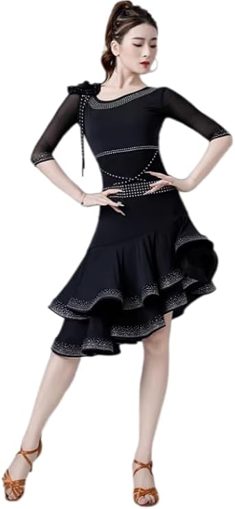 Womens Medium Sleeve Latin Dance Dress Sparkling Rhinestone Ballroom Costume Salsa Cha Cha Performance Wear