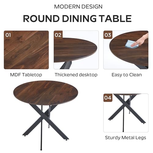 Image of Wood Dining Table Set for 4, 36 inch Round Kitchen Table with 4 Boucle Dining Chairs, MDF Tabletop with Metal Legs, Ergonomic Dining Chair with Metal Legs(Woodgrain Table)