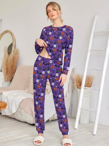 Ekouaer Womens Jogger Pajama Sets Long Sleeve Pjs Purple Halloween Print XS - image 2