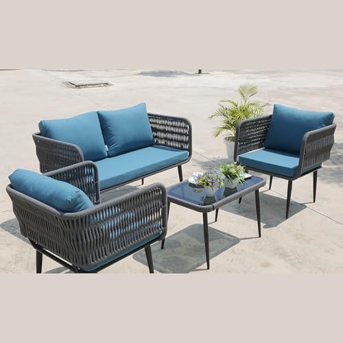 Image of LOCCUS 4-Piece Rope Sofa Set - Outdoor & Indoor Patio Furniture with Waterproof Cushions, Powder-Coated Iron Frame & Glass Top Table for Garden, Balcony [Grey & Blue]