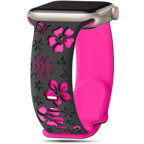 Floral Engraved Band Compatible with Apple Watch Band Women 40mm 38mm 41mm Soft Silicone Two-Tone Flower Sport Strap for iWatch Series 10 9 8 7 6 5 4 3 2 1 SE Ultra-BKHP