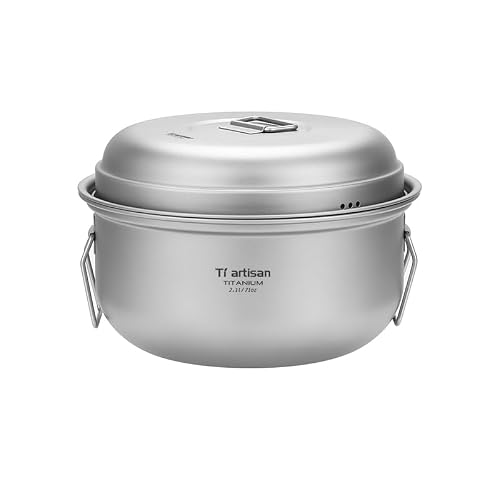 Ti artisan Titanium Steamer Stockpot Set with Lid Outdoor Camping Soup Steaming Pot Pan Mess Kit Ultralight Outdoor Cooking Pot (2.1L)
