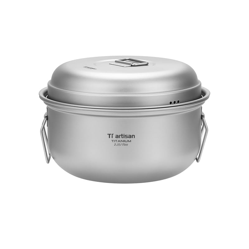 Ti artisan Titanium Steamer Stockpot Set with Lid Outdoor Camping Soup Steaming Pot Pan Mess Kit Ultralight Outdoor Cooking Pot (2.1L)
