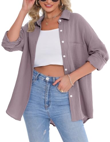 Aottori Musselin Bluse Damen Oversize Hemdbluse Oberteile Langarm Hemd Longbluse Langarmshirt Elegaâ€¦ – Miniatur