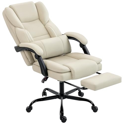 HOMCOM Bürostuhl, Ergonomischer Schreibtischstuhl mit Verstellbar Rückenlehne, Fußstütze, Höhenverstellbarer Drehstuhl aus Kunstleder Gepolstert Computerstuhl, Beige