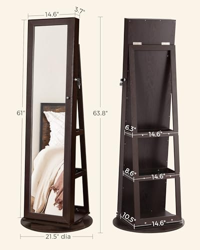 SONGMICS 360° Swivel Jewelry Cabinet, Lockable Jewelry Organizer with Full-Length Mirror, Rear Storage Shelves, Interior Mirror, Jewelry Armoire, Gift Idea, Brown UJJC006R01