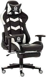 Gaming Chair Racing Office Chair Computer Desk Chair Executive and Ergonomic Reclining Swivel Chair with Headrest, Lumbar Cushion and Retractable Footrest (White)