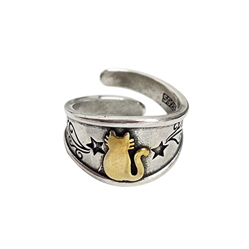 Retro Little Cat Open Band Ring for Men Women Vintage Star Statement Wrap Adjustable Rings Extendable Knuckle Middle Finger Bands Comfort Fit Jewelry Best Friends