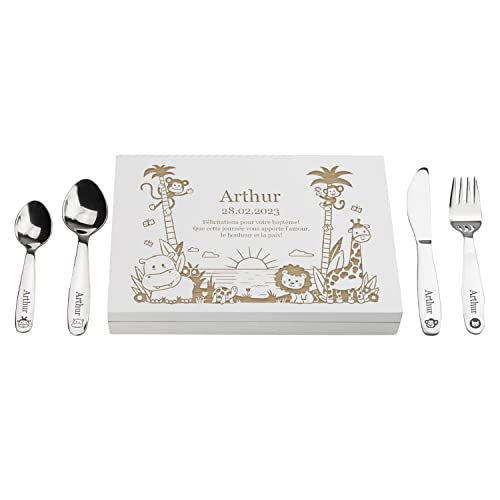LAUBLUST Couverts personnalisés pour Enfants avec boîte Cadeau personnalisée en Bois - Couverts Enfant INOX - Jungle - 4 pièces - Cadeau personnalisé