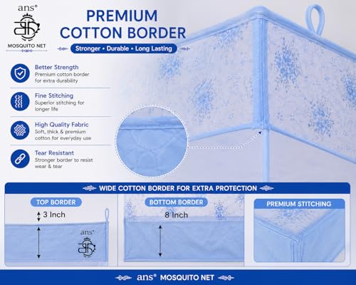 Image of ANS Premium Hanging Mosquito Net for Bed | XXL 6.5 x 10 ft | Blue Floral Design | Fine Mesh Protection | Free Air Flow | Cotton Border | Ideal for Large Size Bed & Joint of Single & Double Bed