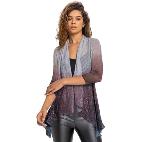 Roman Originals Women Ombre Metallic Plisse Kimono - Ladies Spring Everyday Summer Evening Vacation Work Holiday 3/4 Sleeve Cruise Smart Casual - Silver - Size 14 Cover