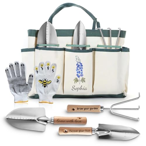 UIDMEN Personalisierte Gartenwerkzeuge, Gartenbedarf-Set, Gartengeschenke für Frauen, Garten-Werkzeugtaschen-Organizer mit Geburtsblume und Namen, Outdoor-Handwerkzeuge, Geburtstagsgeschenke für