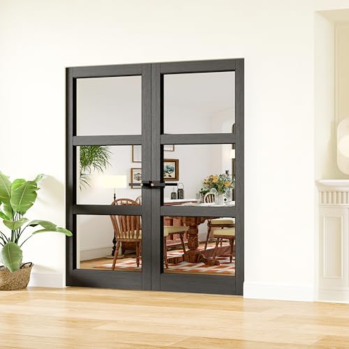 SOLRIG 60" x 80" French Doors, 3-Lite Clear Glass Interior Door with Black Door Levers, Pantry Door for Bathroom Bedroom Pantry Laundry Closet Door, Easy to Assemble, Need to Bore Holes, Black Primed