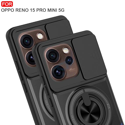 Image of AESTMO Oppo Reno 15 Pro Mini 5G Back Cover | Armor Camera Slider 360 Degree Rotating Finger Ring Holder Case with Bracket Stand Back Case Cover (Compatible with MagSafe Accessories) (Black)