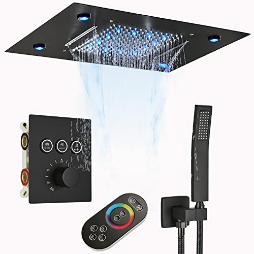 JUNSOTTOR Système de douche avec thermostat encastré Noir LED 49 x 35 cm Ensemble de douche avec douchette à main 3 fonctions en laiton pour baignoire Cover
