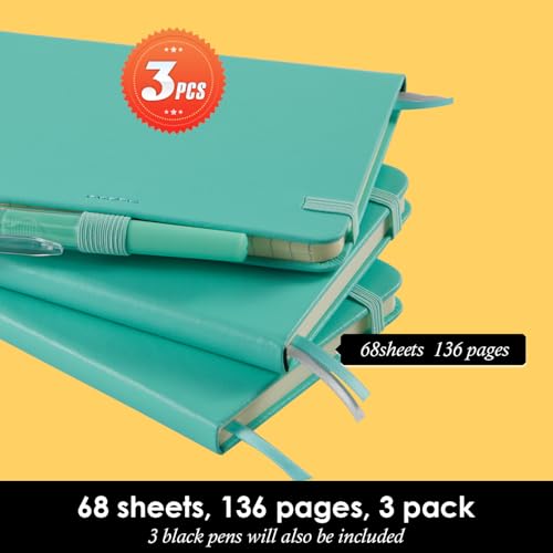 Image of 3 Pack Small Pocket Journal Notebook 3.7 inch x 5.7 inch with Pen, A6 Mini Cute Notepad for Women /Men, 408 Pages, 100Gsm Lined Paper Note Pads, Leather, Green